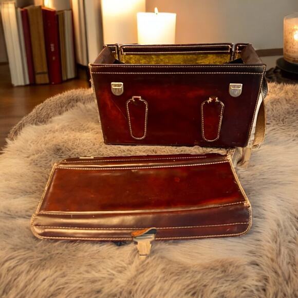 Vintage Leather Camera Bag / Case-Homa 1960s-Cowhide-Brown w Green Velvet-Large - Picture 3 of 9